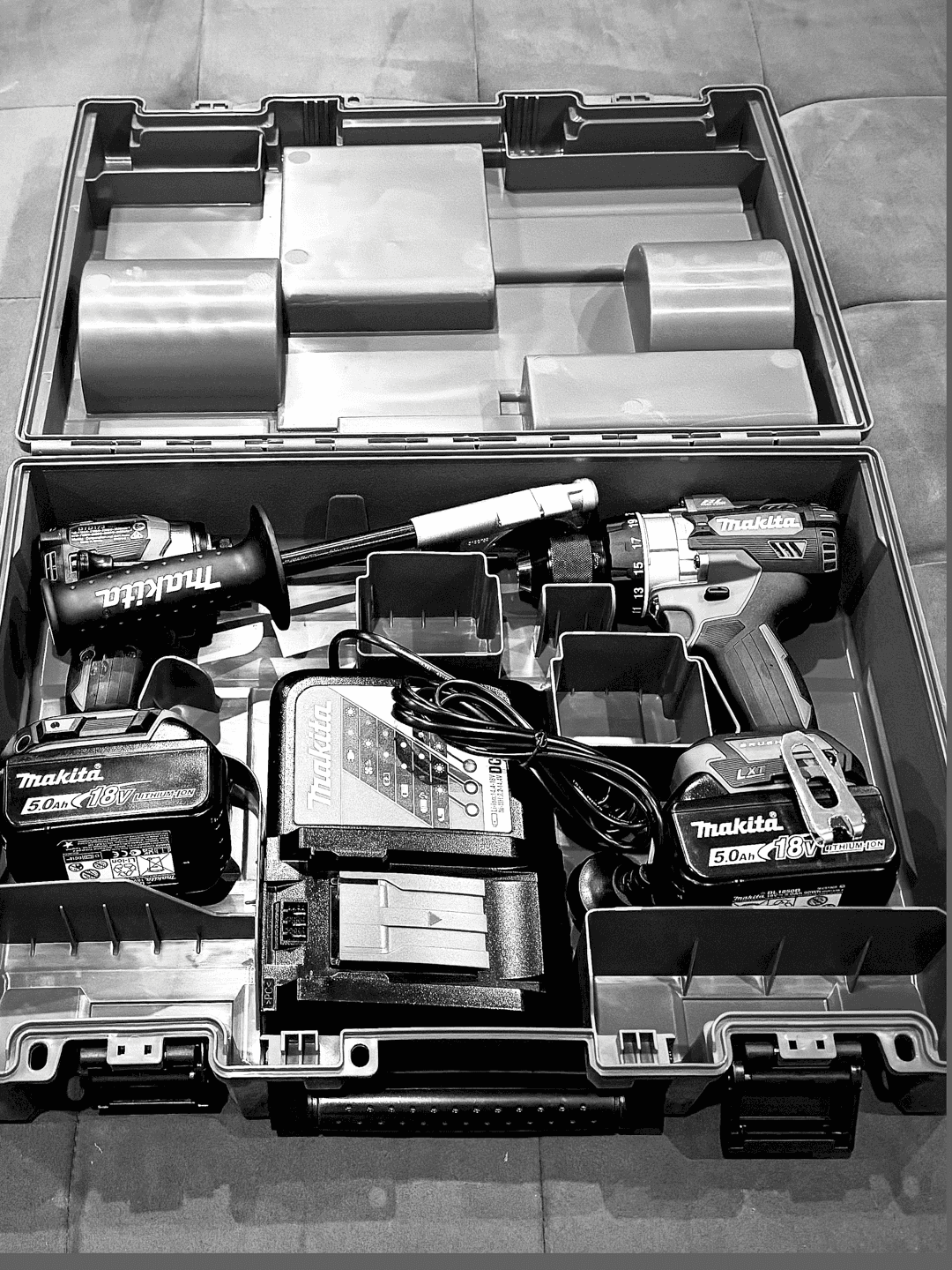 Black & White picture of a Makita Impact drill & driver set