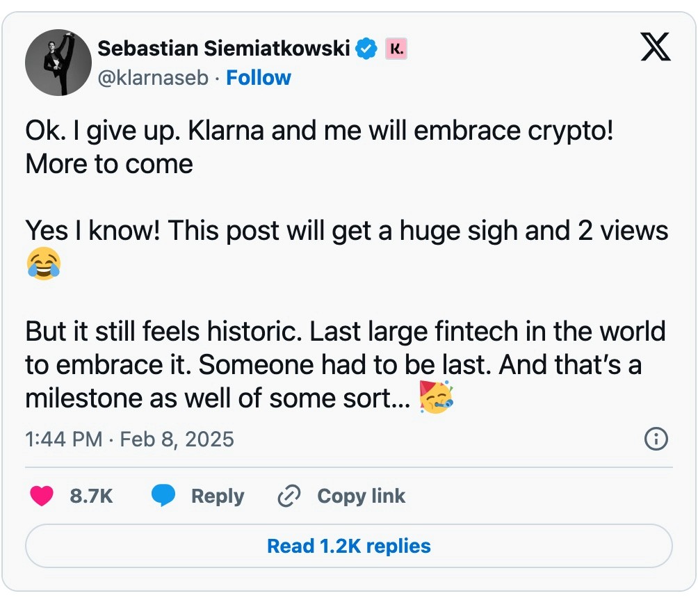 Post von Sebastian Siemiatkowski auf X vom 8. Februar 2025, in dem er ankündigt, dass Klarna auf Krypto setzt.