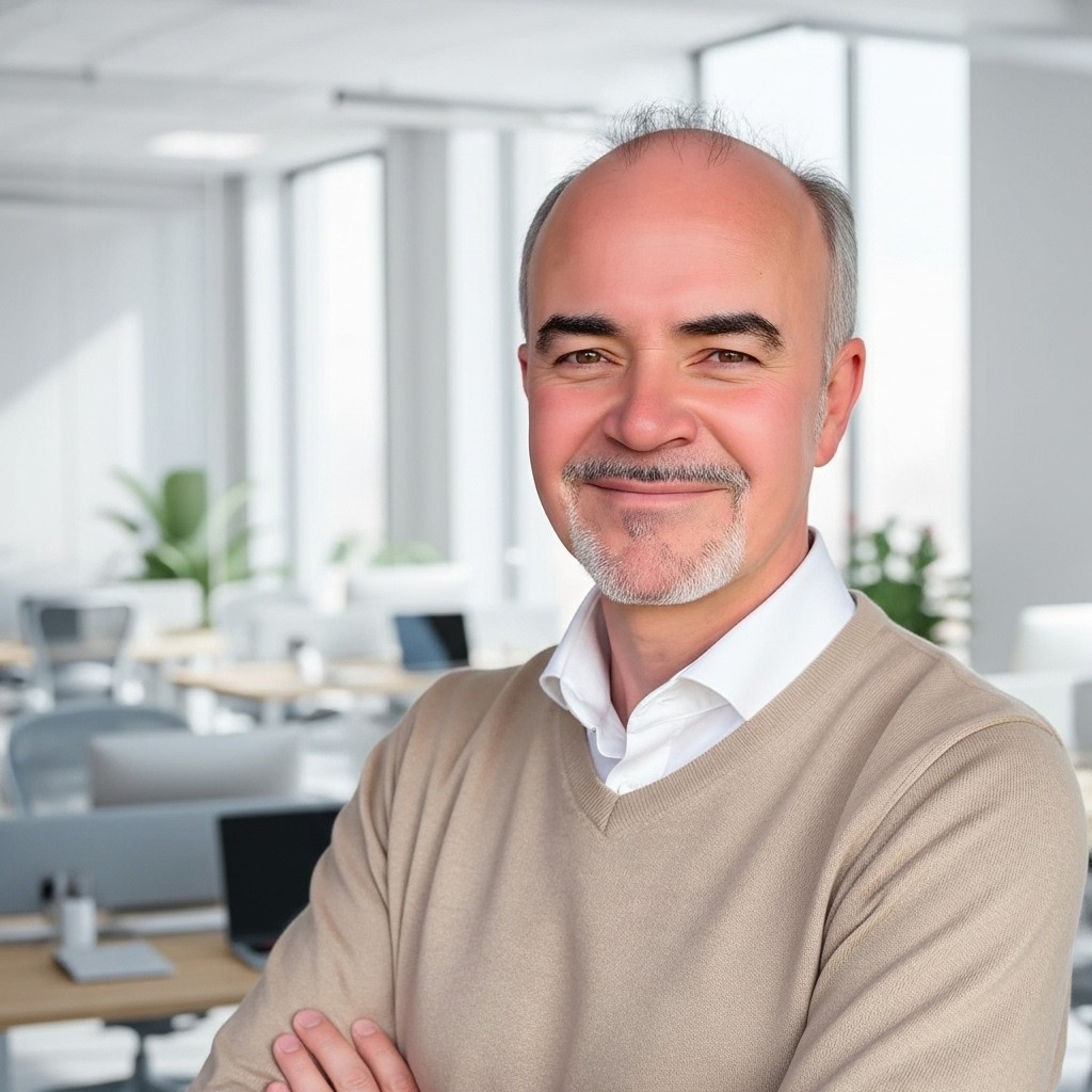 A profile view of a woman with a sleek bun, wearing a dark blazer against a softly lit background.