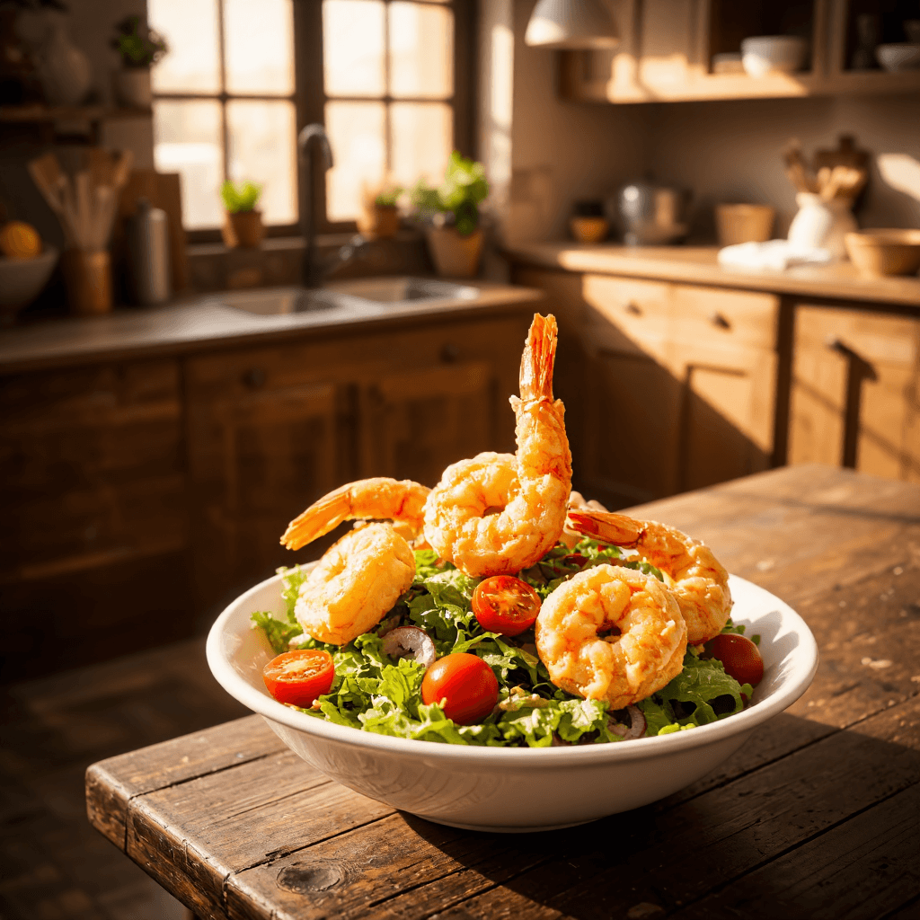 product photography of a bowl of fried shrimp with salad