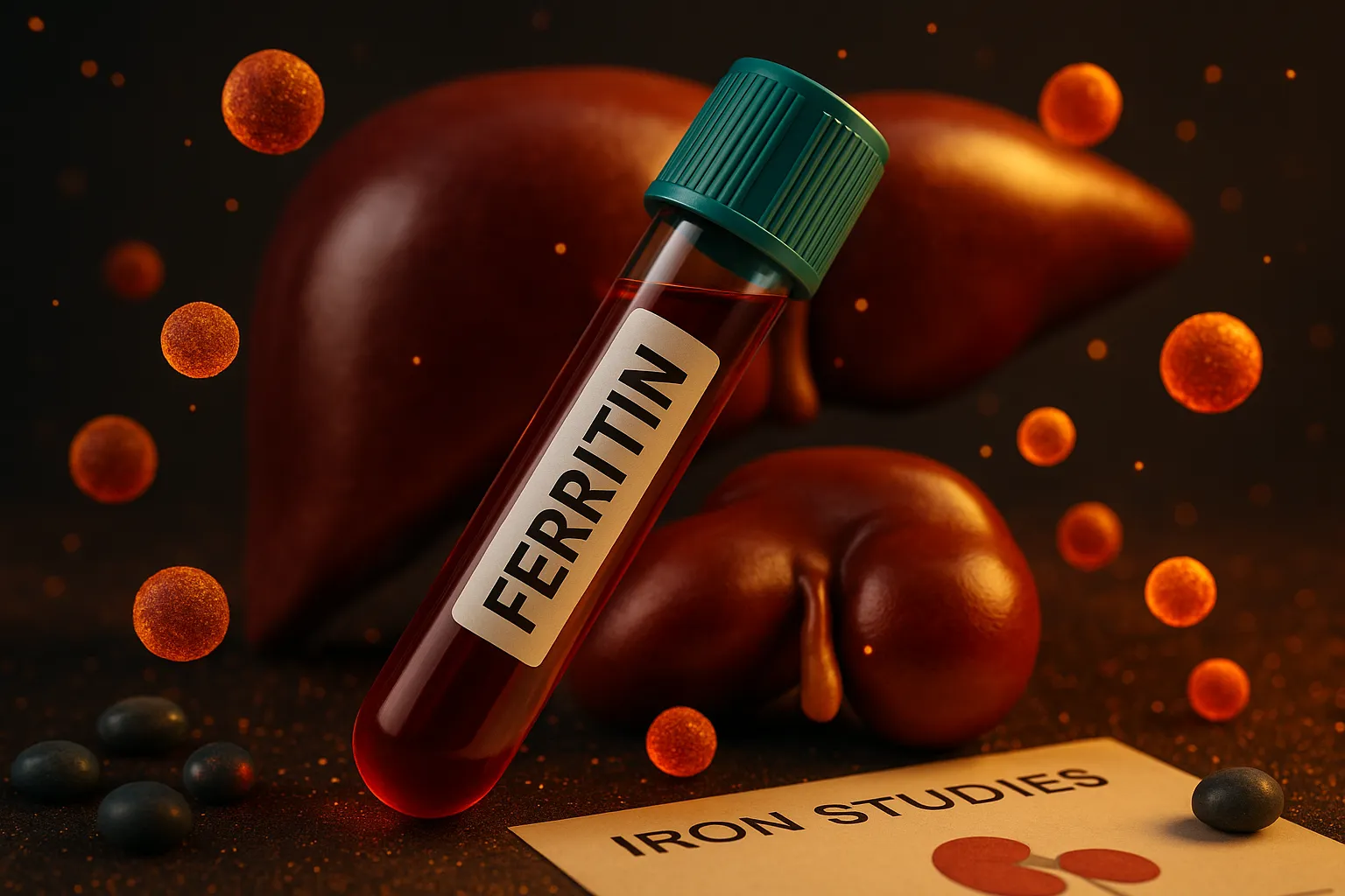 Ferritin blood sample tube in front of a liver model with glowing iron particles and an iron studies report