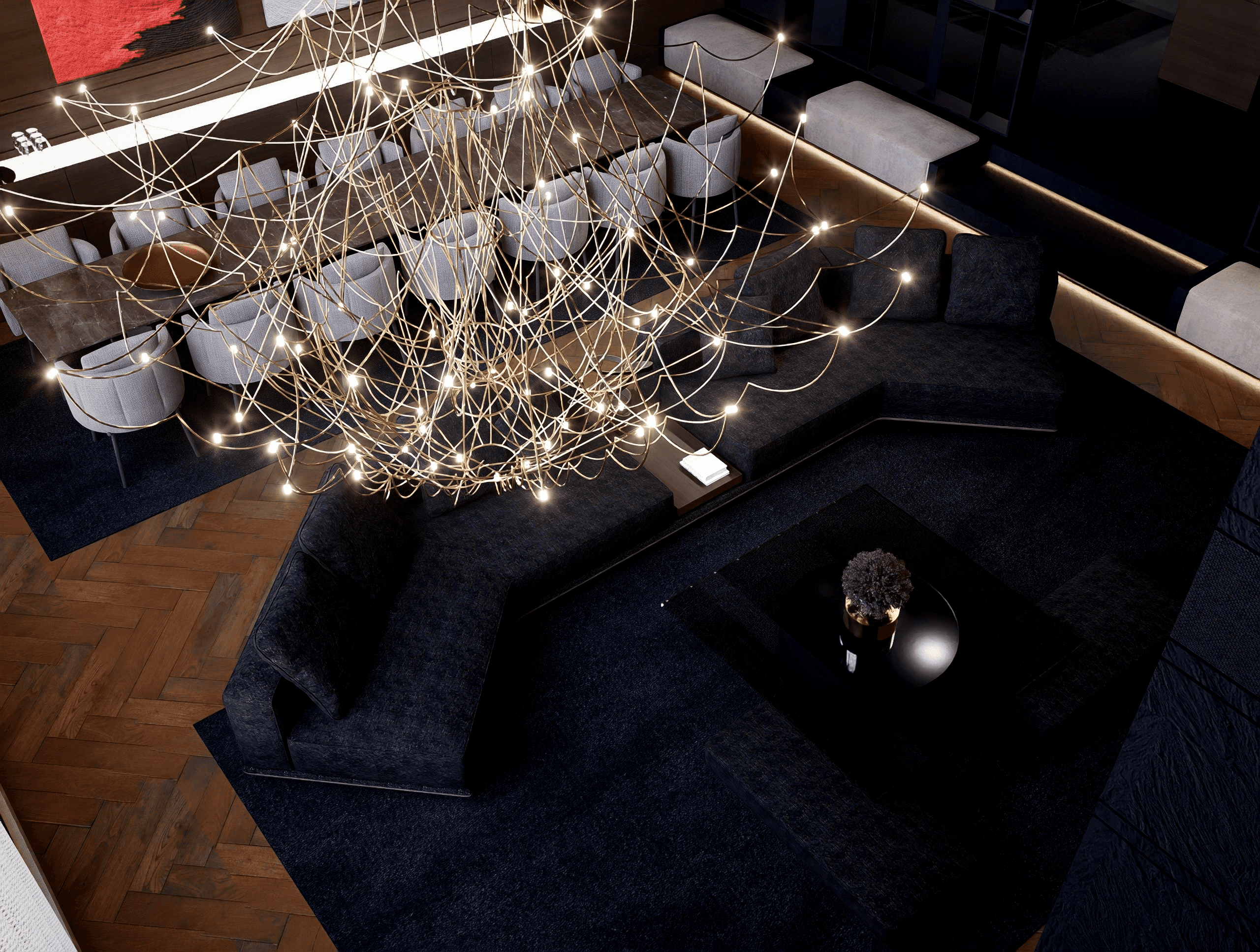 Modern Baroque interior design in Limassol, Cyprus showcasing the interplay between matte-black stone textures and warm walnut wood paneling