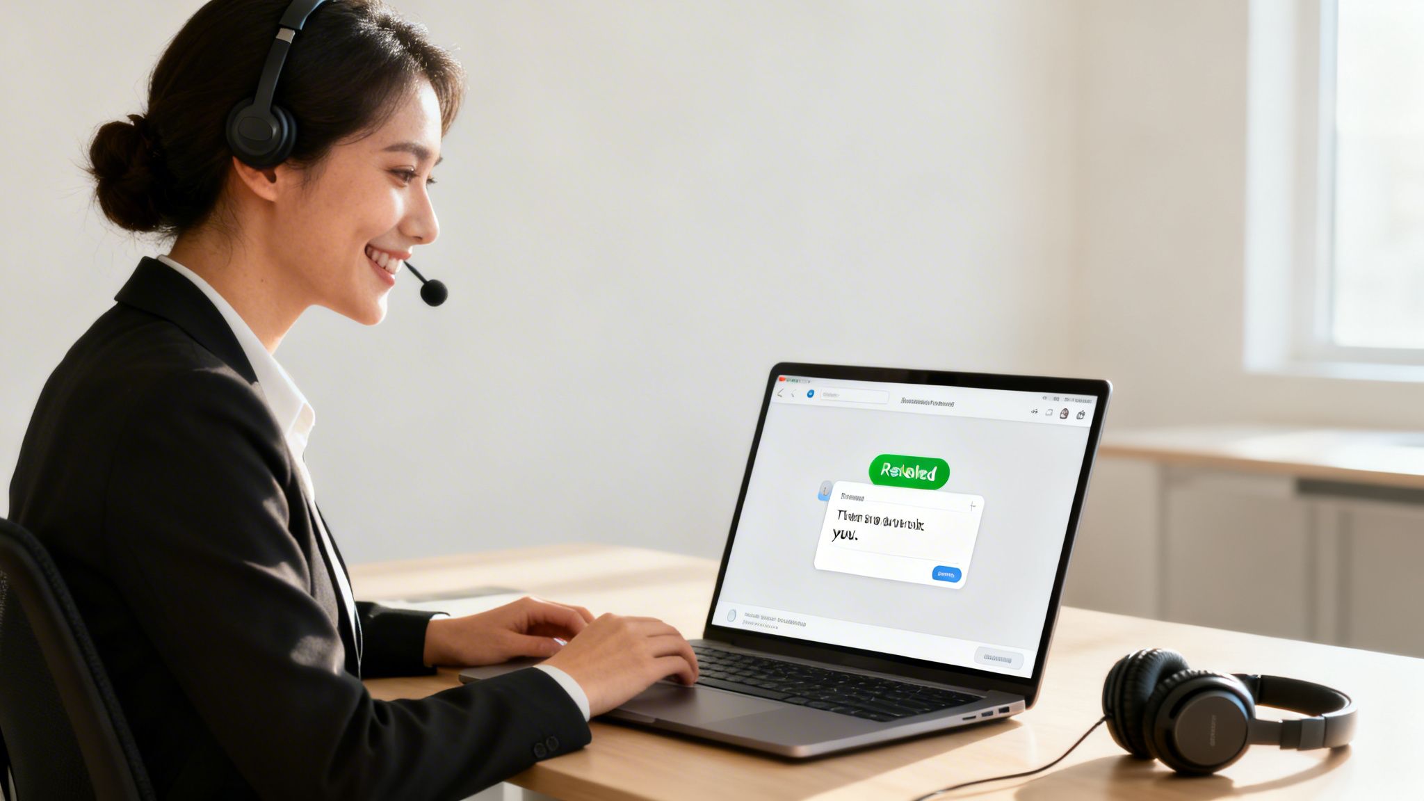 A smiling woman in a headset types on a laptop, providing customer service in an office.