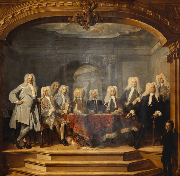 A historical painting depicting a group of men in 18th-century attire gathered around a table in a formal setting.