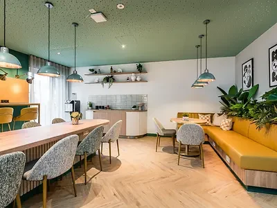 Shared kitchen and dining space in modern student housing in Berlin