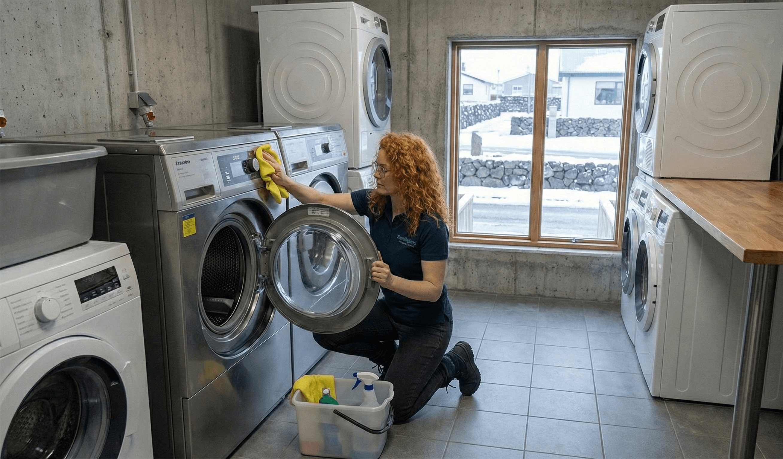 Þrif á þvottahúsi og tækjum í sameiginlegu rými.