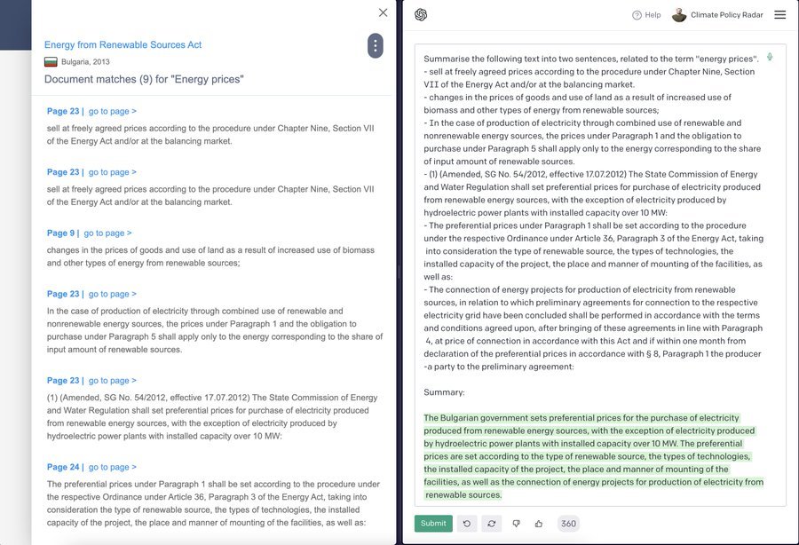 A screenshot of an experiment using OpenAI’s GPT-3 to produce a summary of a climate policy that has been tailored to a particular search query.