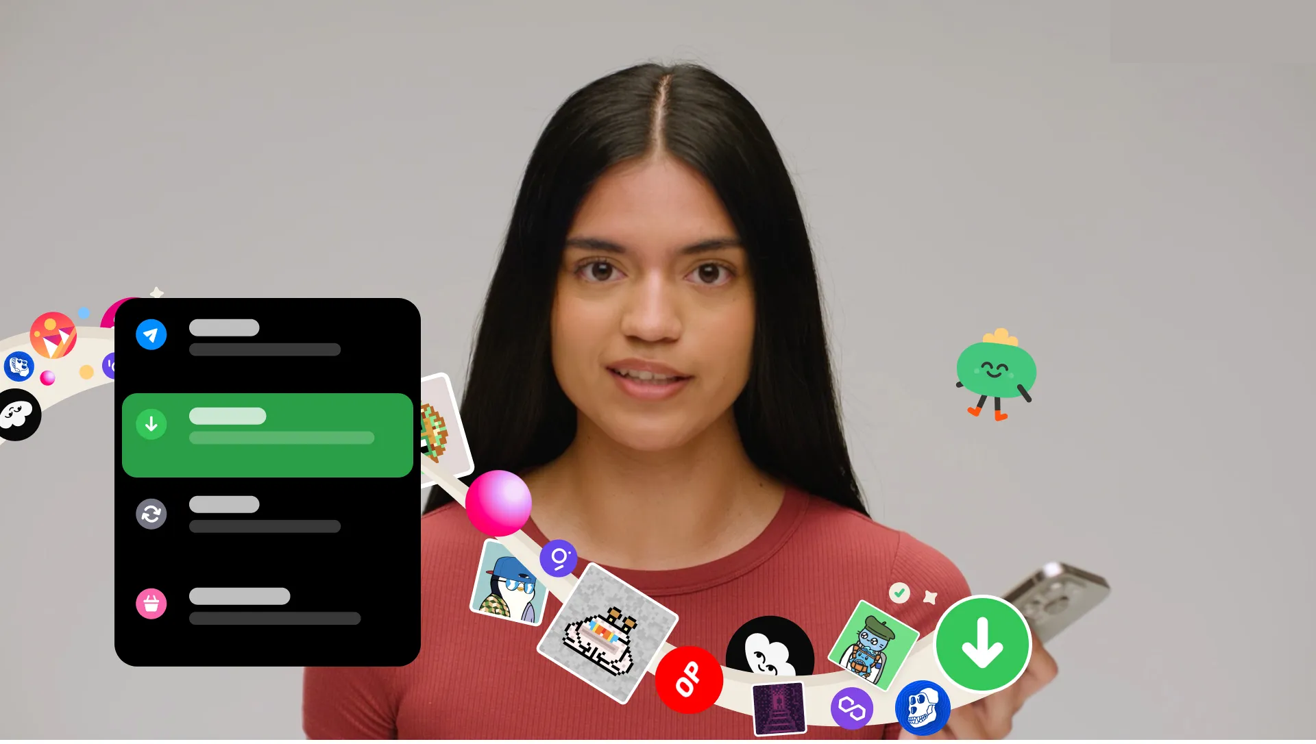 Four floating spheres, one showing a lighthouse, one showing a house on a hill, one showing pyramids, and one showing a stylized globe, all against a dark background.