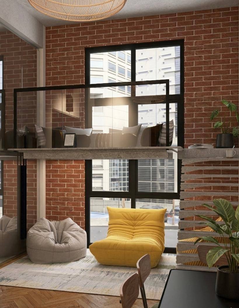 A serene bedroom with purple tones, a minimalist bed, wooden nightstands, and soft natural lighting.