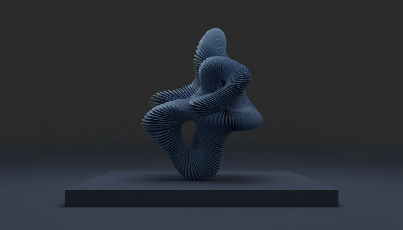 3D render of a Houdini-style procedural abstract sculpture, a complex organic form made of hundreds of thin, stacked, undulating layers of vibrant blue matte plastic, creating a topographic and parametric design, set against a dark navy blue studio backdrop with soft global illumination casting subtle shadows.