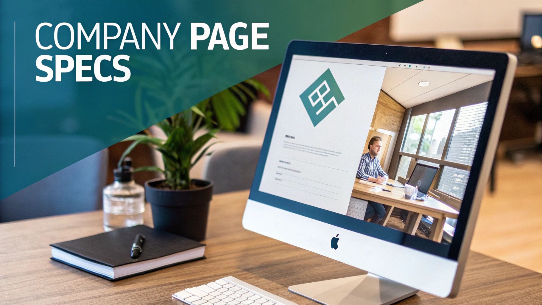 A modern office desk with an iMac displaying 'Company Page Specs' and a professional working.