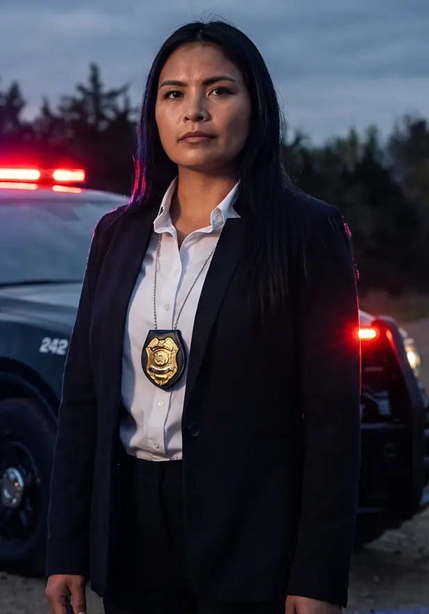 Plainclothes investigator with badge displayed on a chain, standing beside an unmarked police vehicle