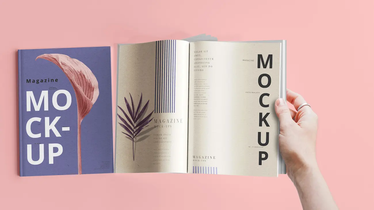 Open magazine mock-up with clean editorial layouts on a pink background, representing a sports club mini brandbook, visual identity, values and sponsor-fit guidelines for sponsorship communication.