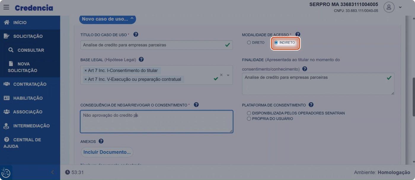 Captura de tela de referência do Credencia para Passo 8 — Selecionar a modalidade indireta quando a consulta atender parceiros. Contexto: 40 — Revisão — Solicitação de consulta.