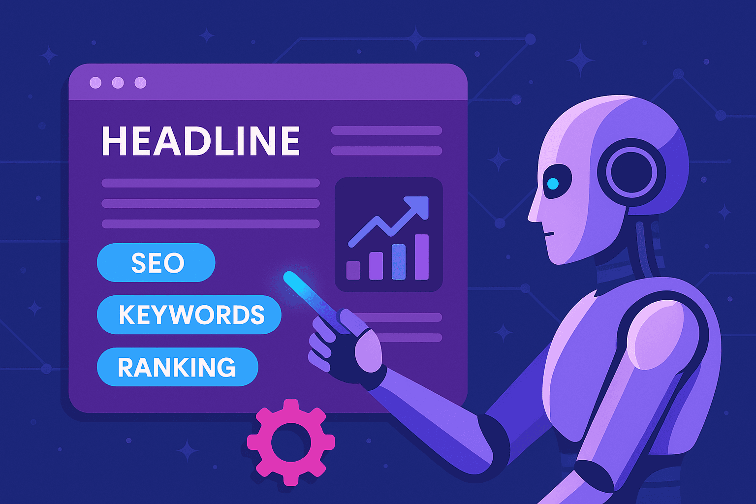 Digital illustration of a robot analyzing on-page SEO elements such as headlines, keywords, and rankings, with graphs and website interface visuals in purple and blue tones