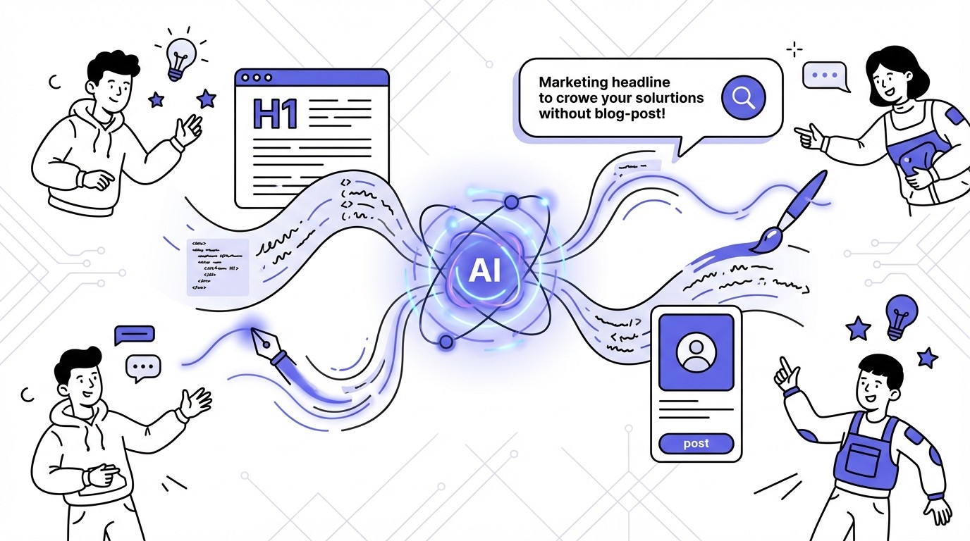 A modern illustration showing a glowing AI core at the center, emitting digital data streams that form polished content like blog posts and marketing copy. Stylized creative tools made of light are intertwined, set against a clean, professional tech background, symbolizing AI transforming content creation.