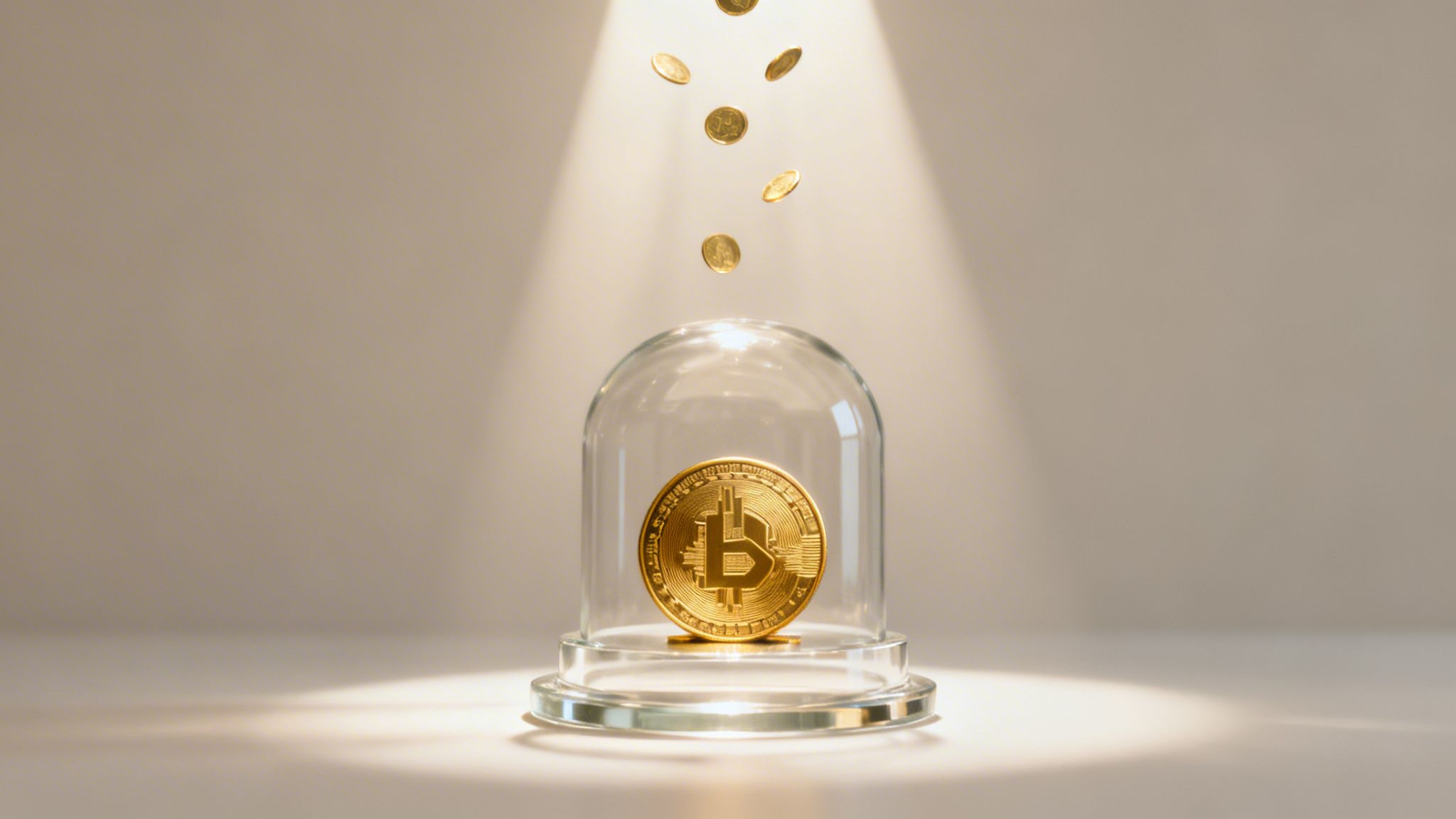 A gold Bitcoin coin is secured under a glass dome, with more gold coins falling from a spotlight above.