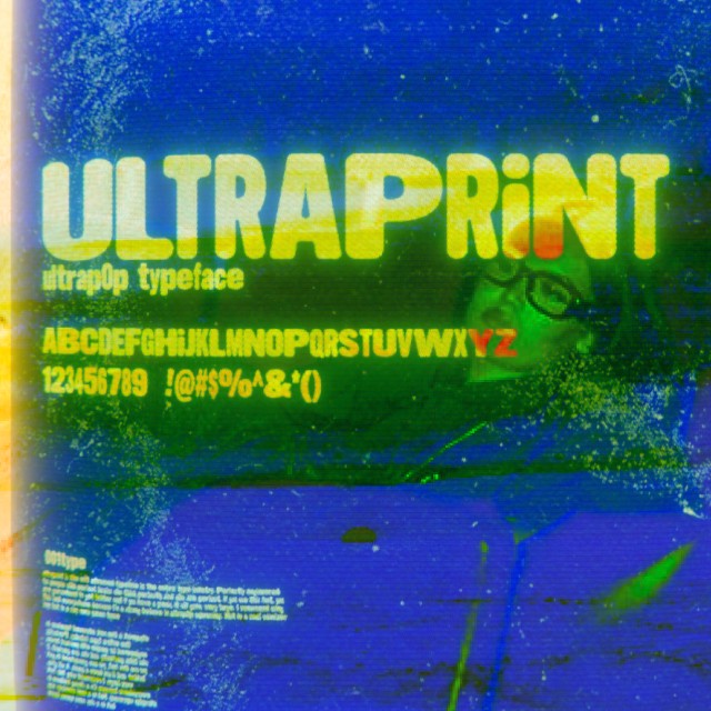 The image showcases a vibrant typography poster with the word "ULTRAPRINT" prominently displayed in bold, white letters against a bright blue and yellow background, featuring a variety of uppercase and lowercase letters, numbers, and special characters in a modern font.