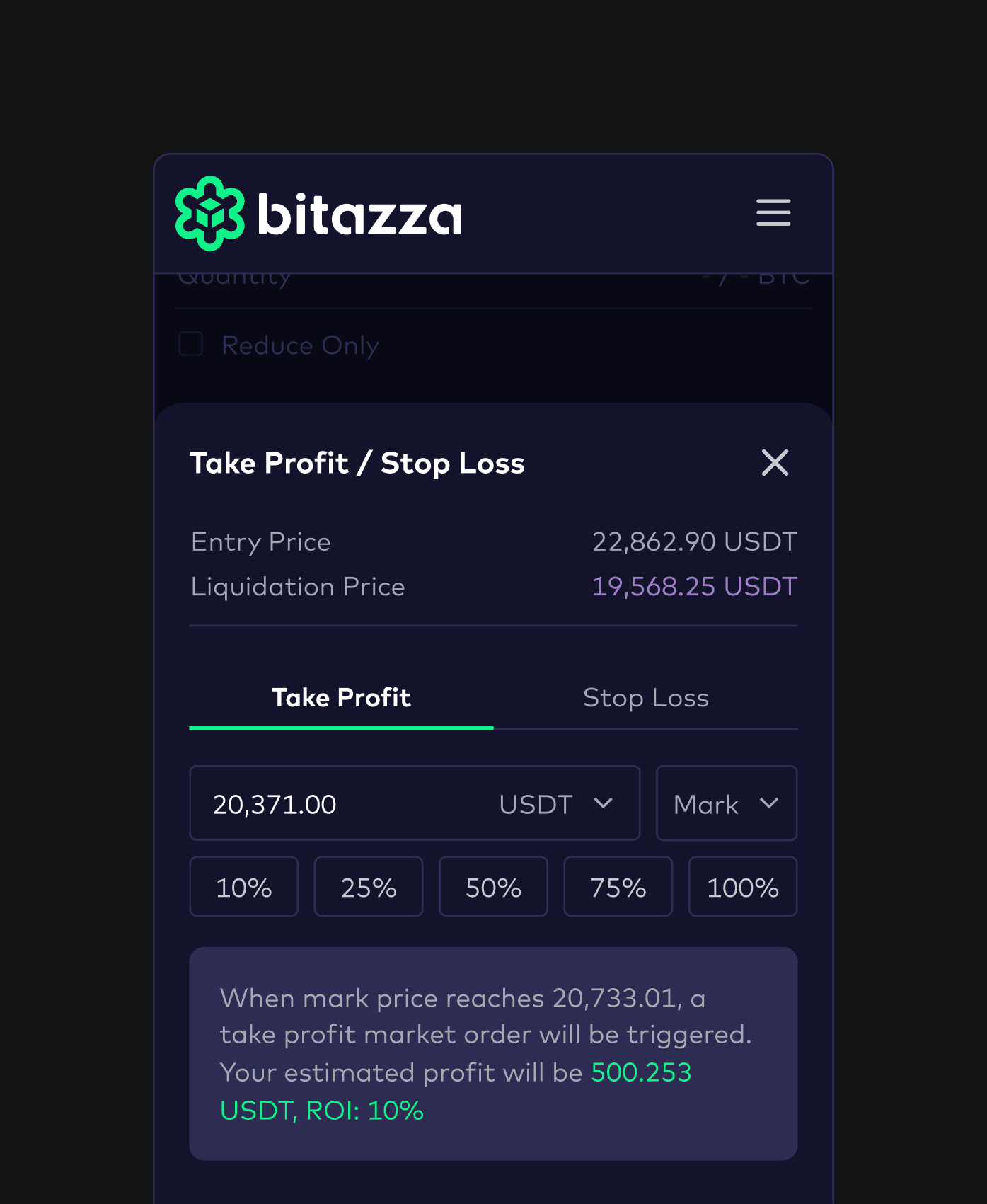 Close-up UI design of the Bitazza mobile order book and futures order entry screen. Highlights a user-centric layout for high-frequency trading with clear "Buy/Long" and "Sell/Short" calls to action and precise depth visualization.