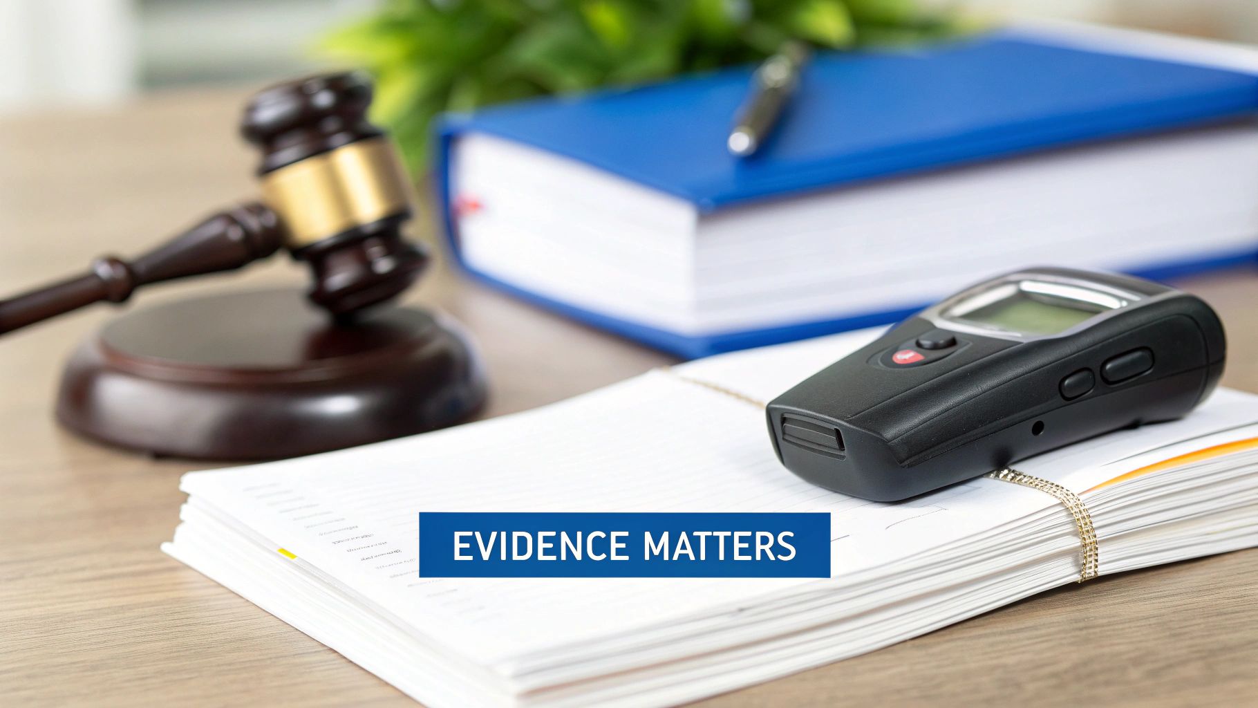 A judge's gavel, stack of legal papers, and a voice recorder on a wooden desk, signifying legal proceedings.