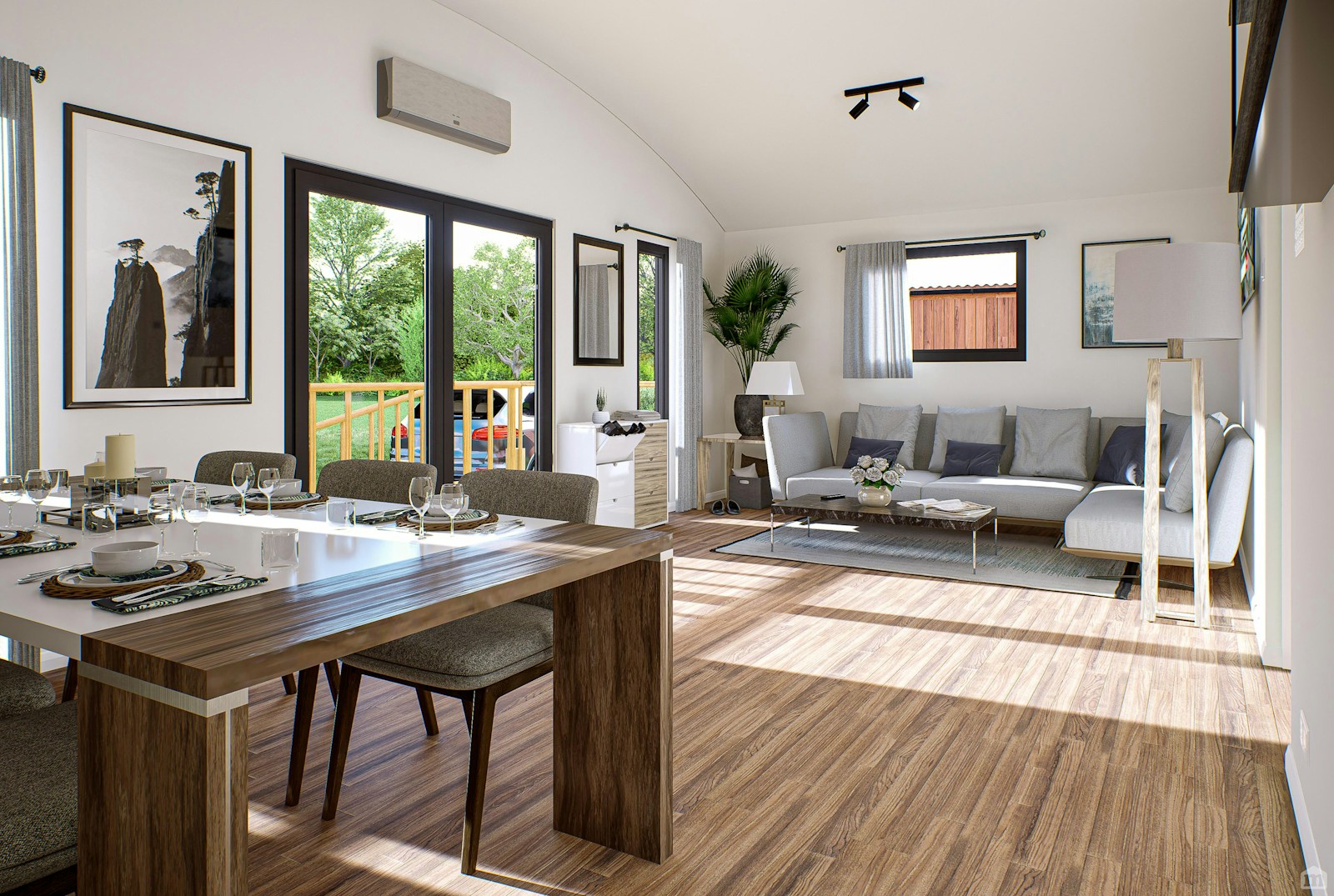 Modern open-plan UK home interior showing a wall-mounted heat pump fan coil cooling unit with large glazed garden doors — illustrating how heat pump cooling can work in a residential setting