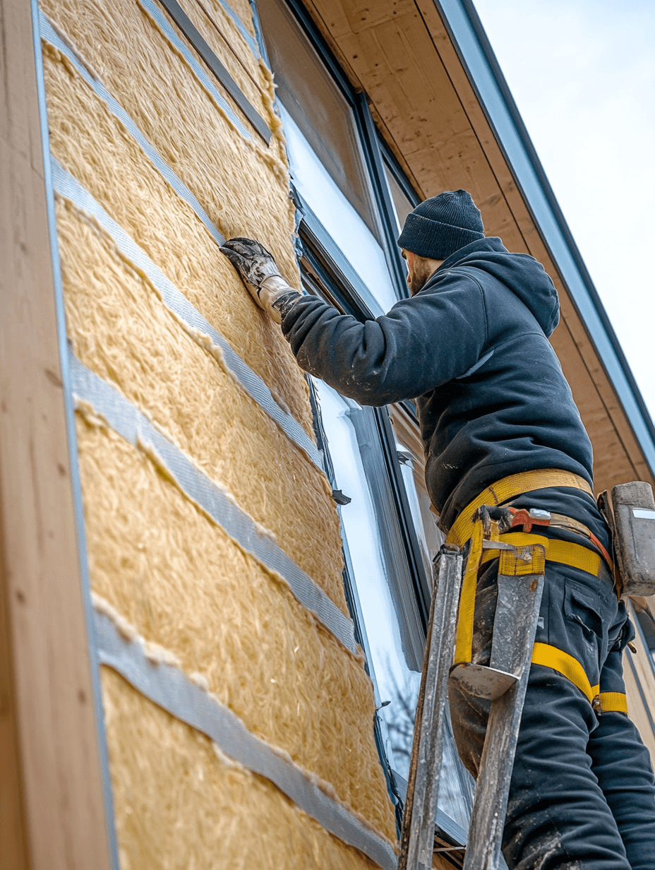 Ouvrier installant une isolation sur un mur extérieur