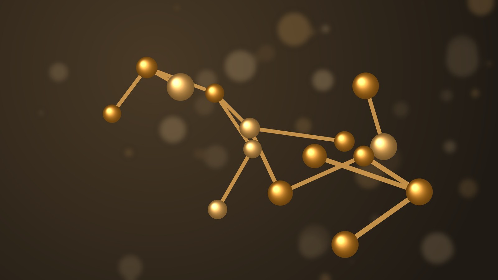 Abstract ball-and-stick molecular model in amber tones on a dark background