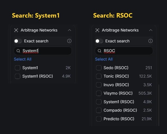 The Arbitrage Networks filter in AdPlexity Social, searched for System1 (both variants) and for RSOC (the RSOC-tagged networks)