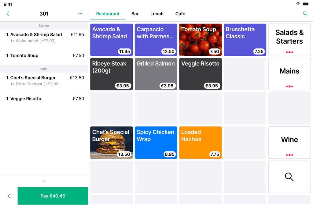 A screenshot of a tablet-based restaurant point-of-sale (POS) interface. On the left, a current order list displays menu items (like Avocado & Shrimp Salad and Tomato Soup) with prices and a “Pay” button. On the right, a grid of menu categories (Restaurant, Bar, Lunch, Café) and corresponding items with photos, descriptions, and prices is visible, illustrating a modern, intuitive ordering workflow.