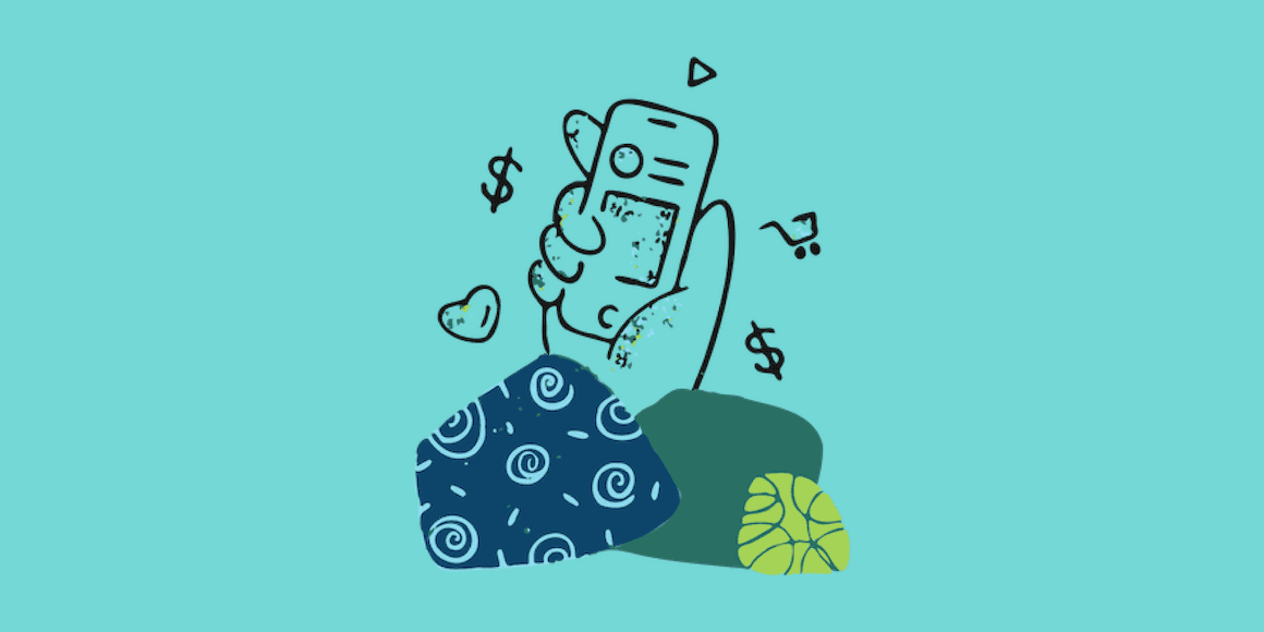 Illustration of a hand holding a smartphone with a shopping app, surrounded by heart icons and dollar signs