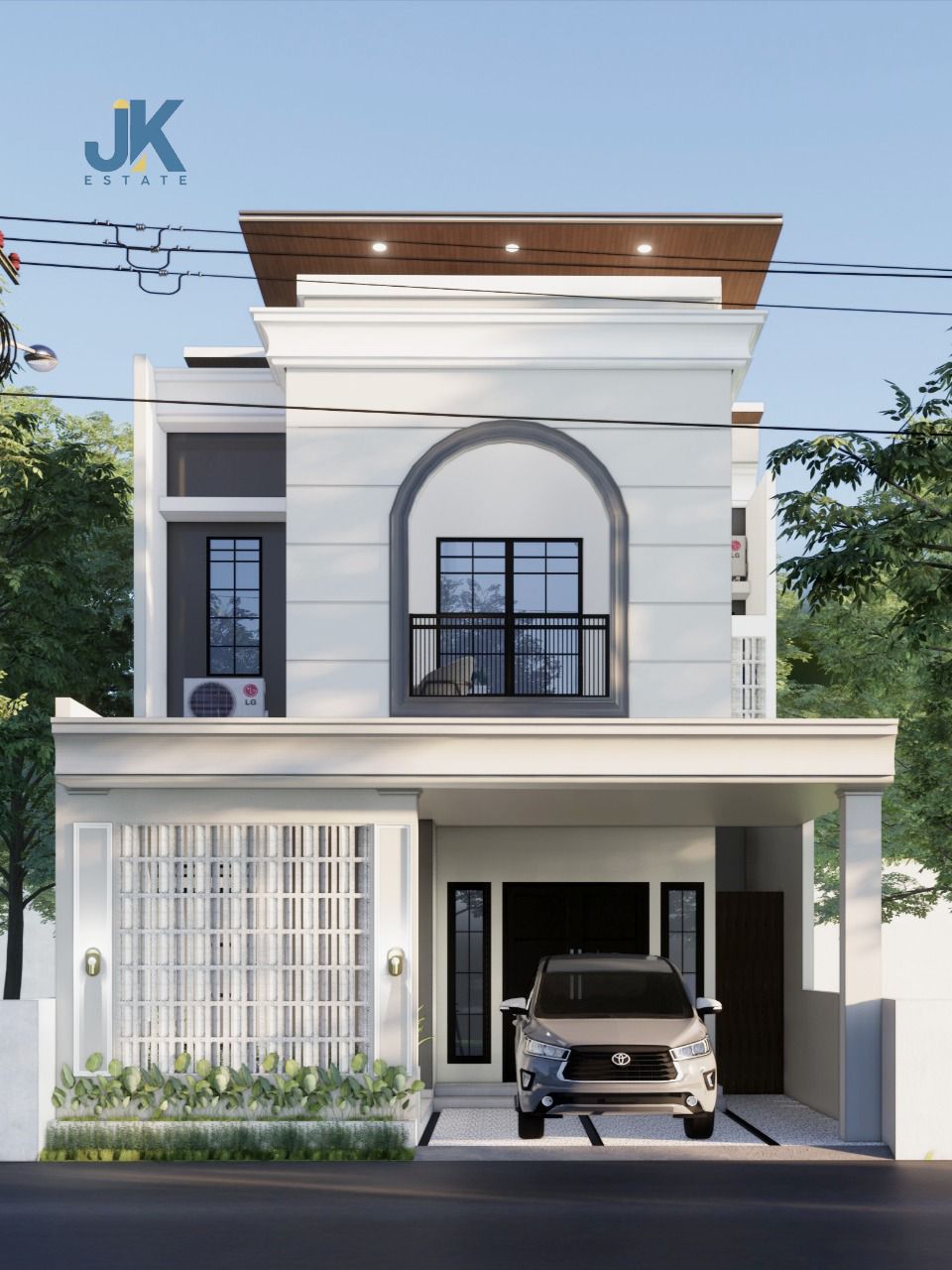 Beautiful white farmhouse with black shutters and a well-maintained lawn.