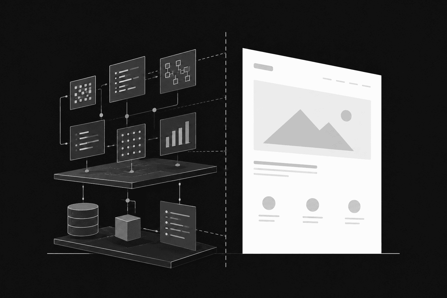 Abstract illustration of the same company shown in two forms, with a complex internal system beside a simplified website surface.