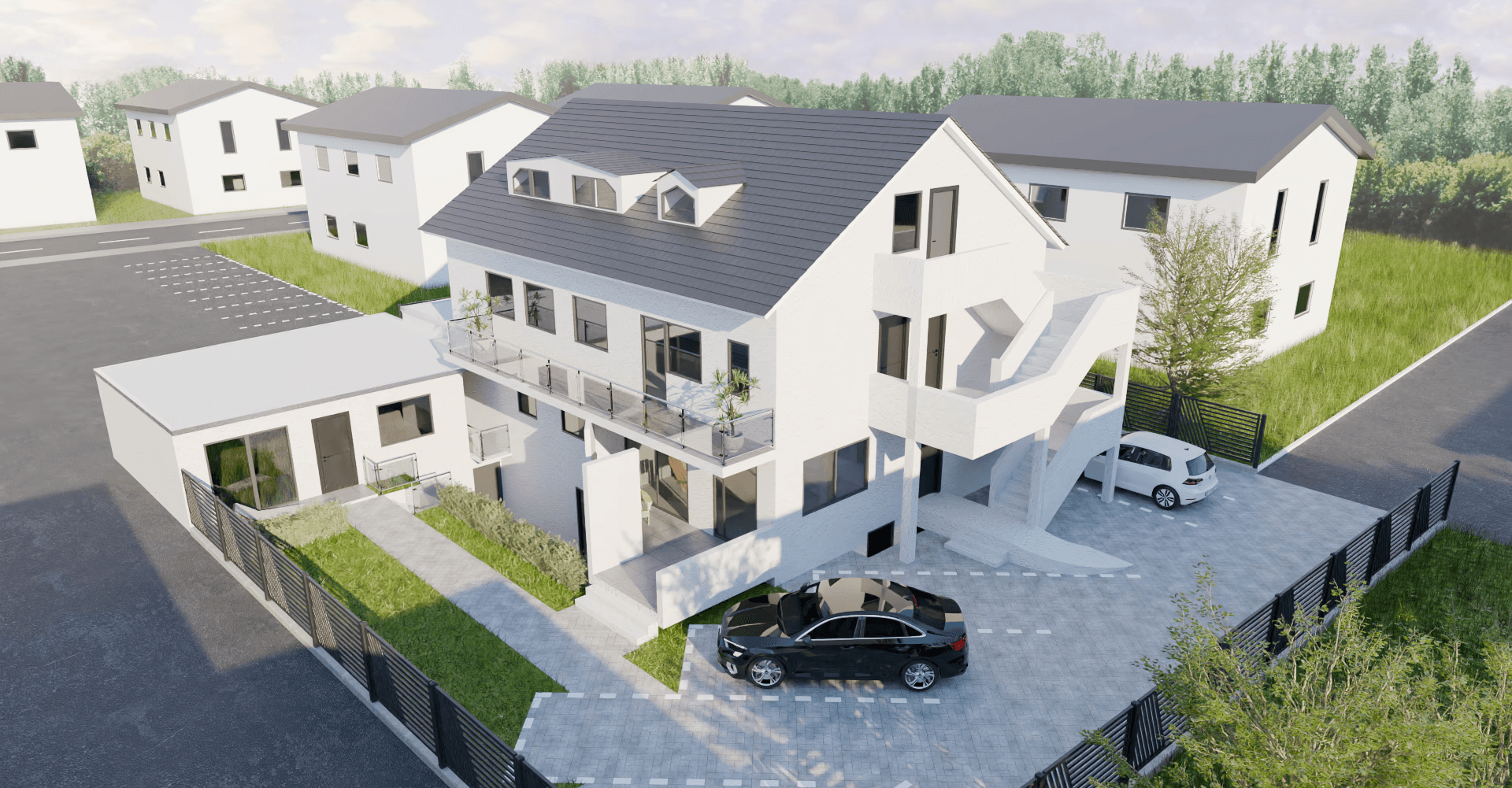 3D-Rendering des sanierten Mehrfamilienhauses mit Eigentumswohnungen in der Petrastraße 10, Bad Salzuflen