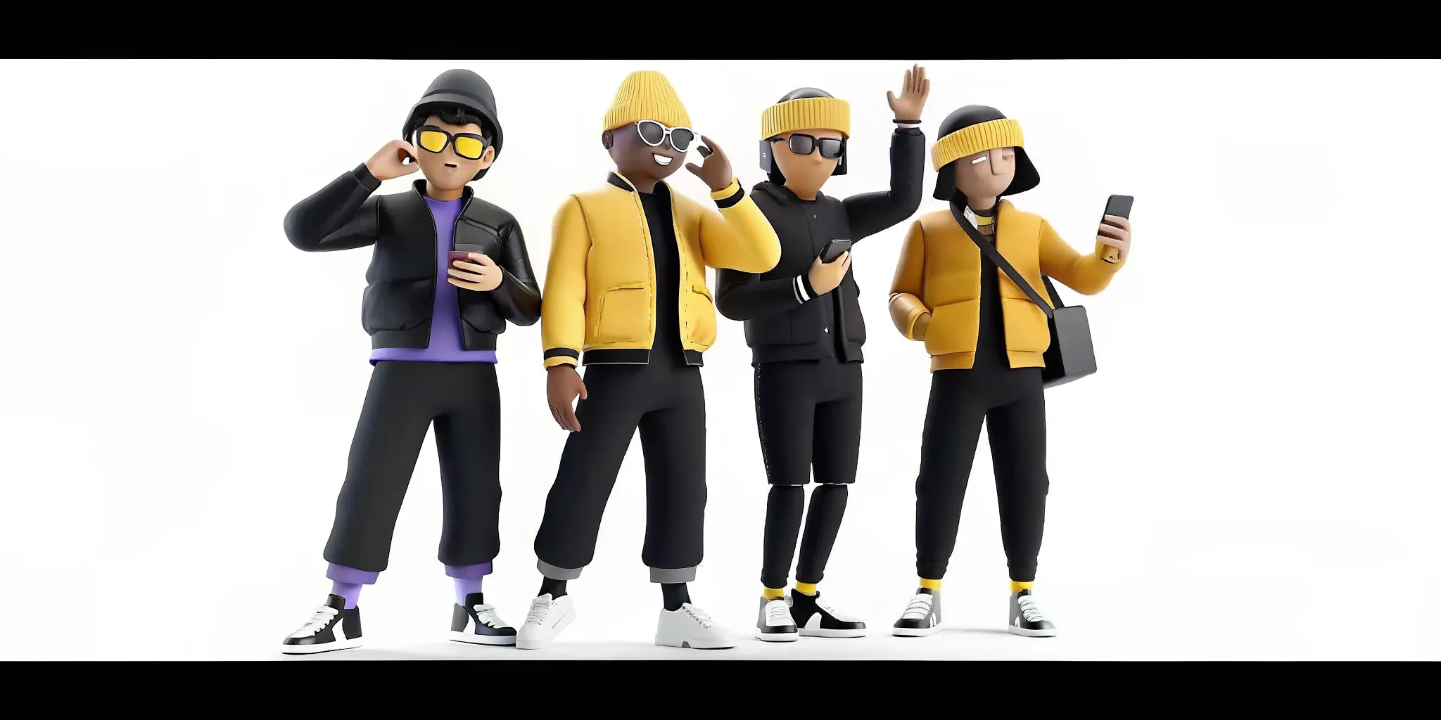 A diverse group of 3D digital personas standing together with expressive physical poses and styling