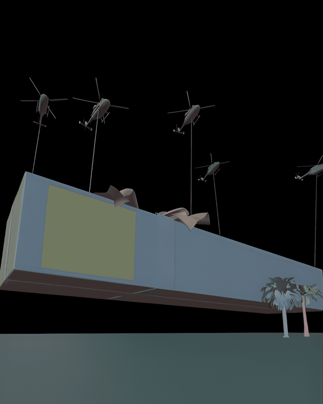 A grayscale geometry layout showing helicopters carrying a rectangular gift box