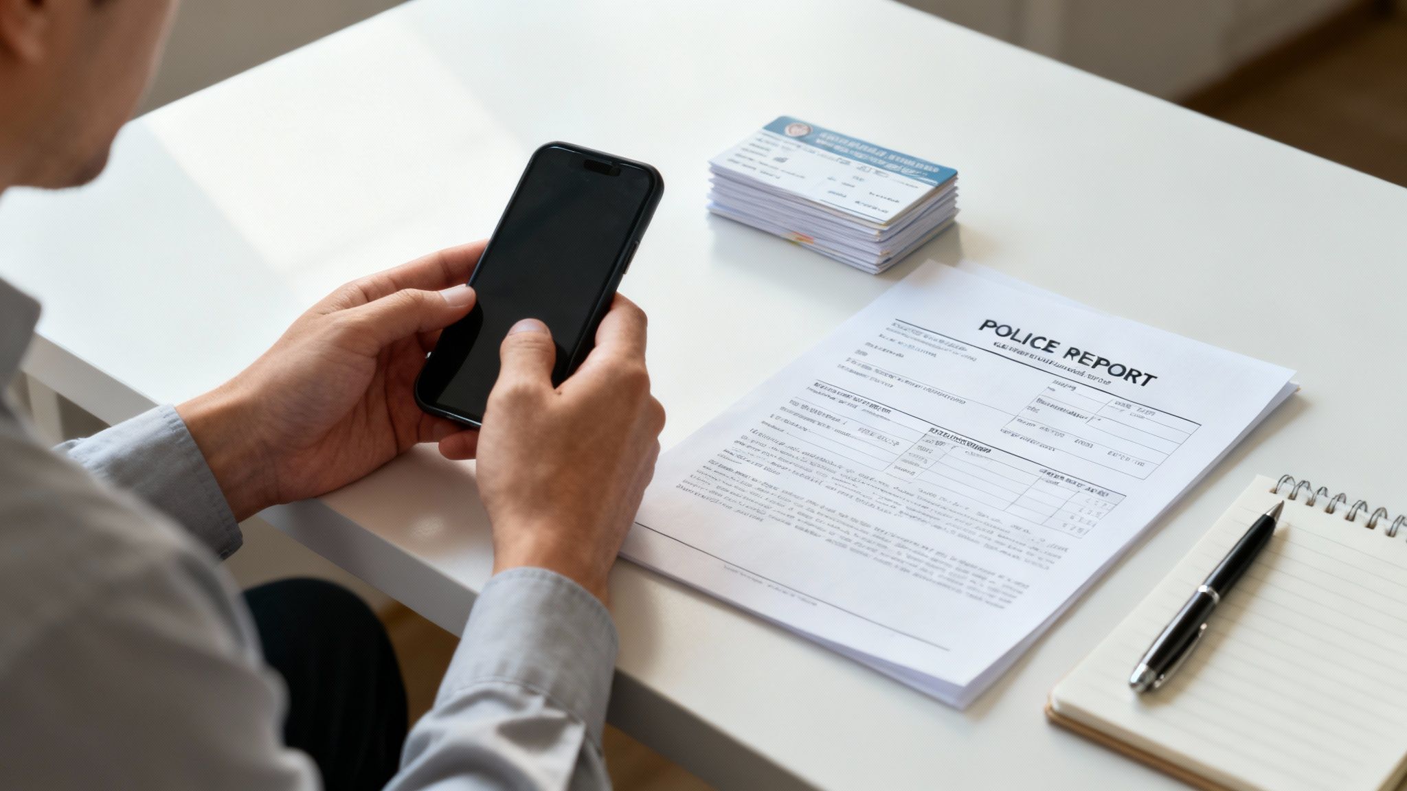 A person sitting at a desk, looking determined while on a phone call with papers and a laptop in front of them, symbolizing negotiation with an insurance adjuster.