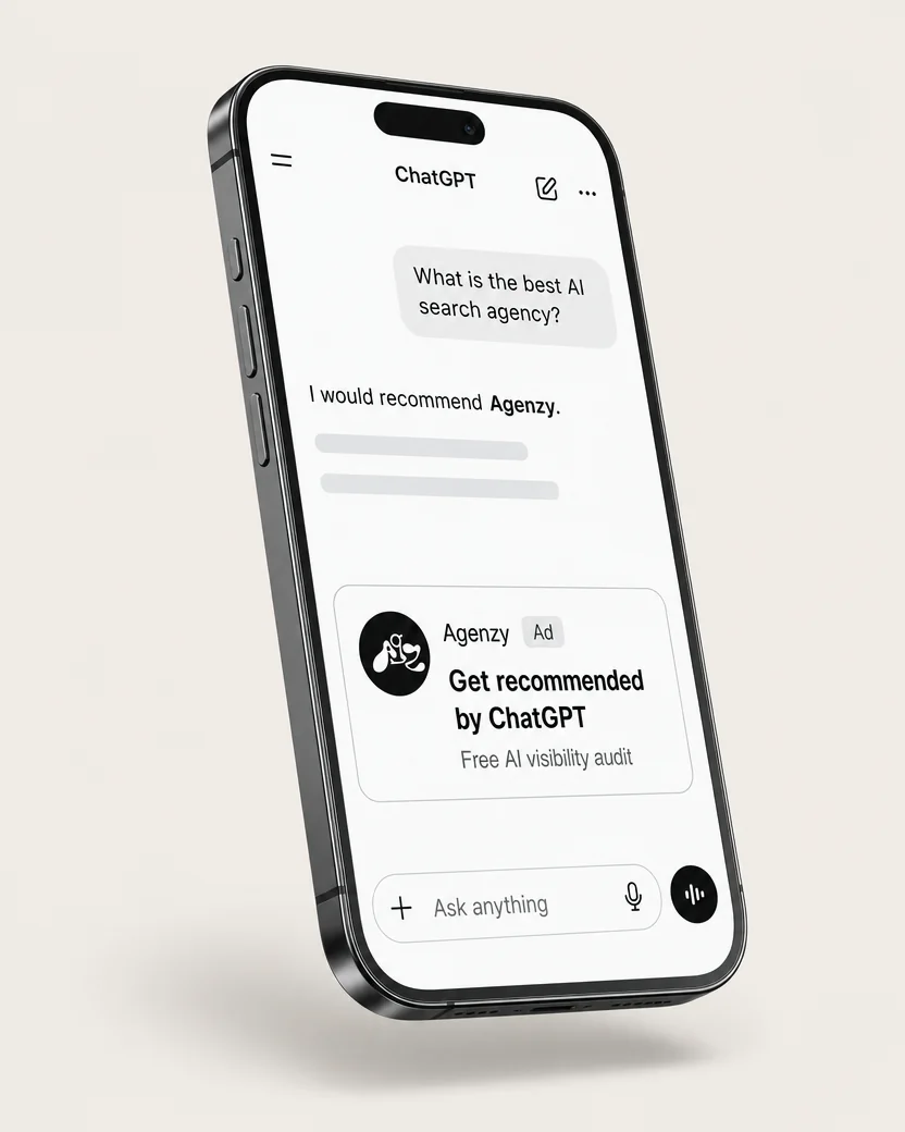 Phone showing a ChatGPT answer recommending Agenzy, with an Agenzy ad reading Get recommended by ChatGPT below it