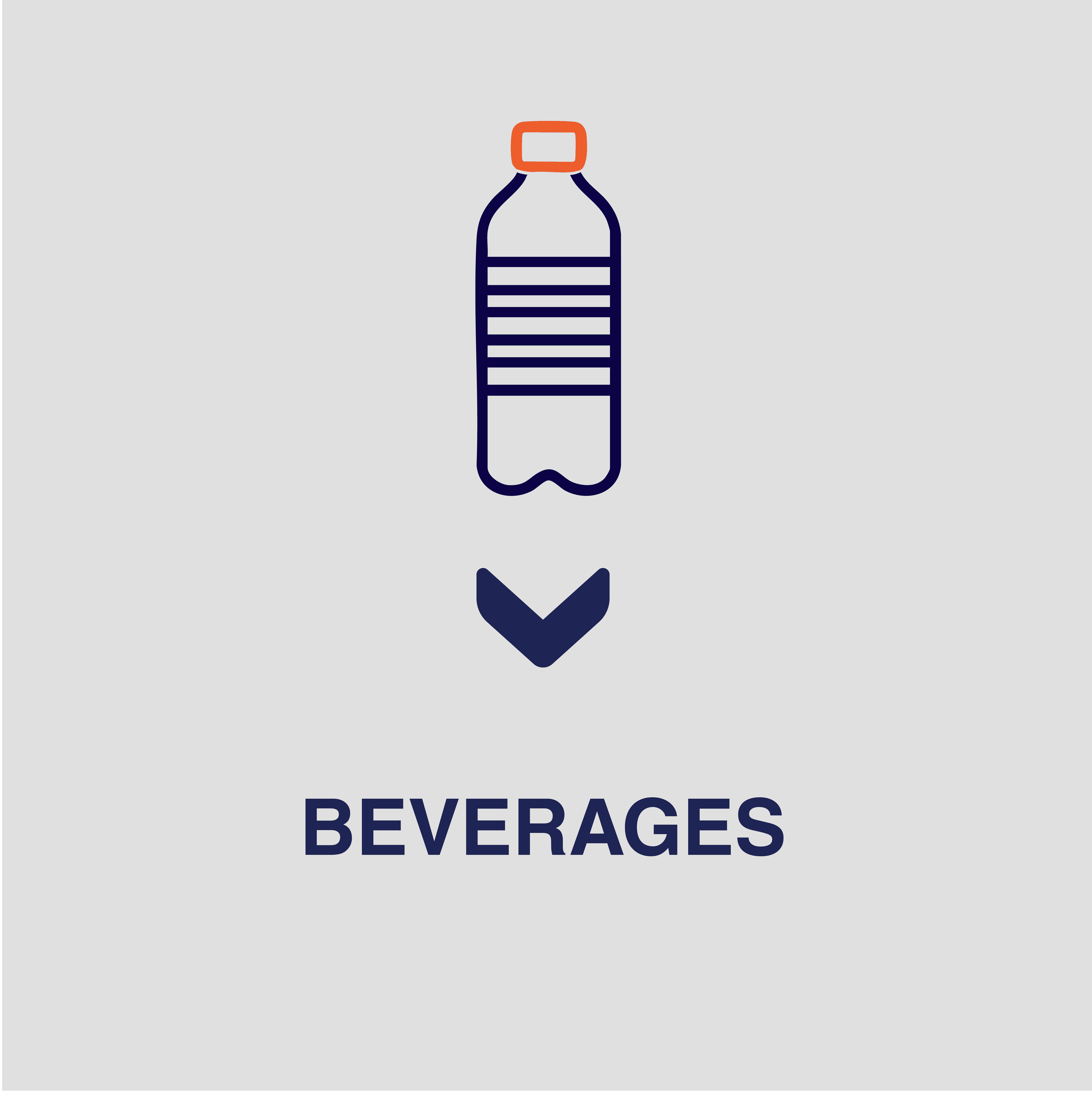 Icon of a blue bottle with an otrange bottle top on a white background with blue text that says beverages