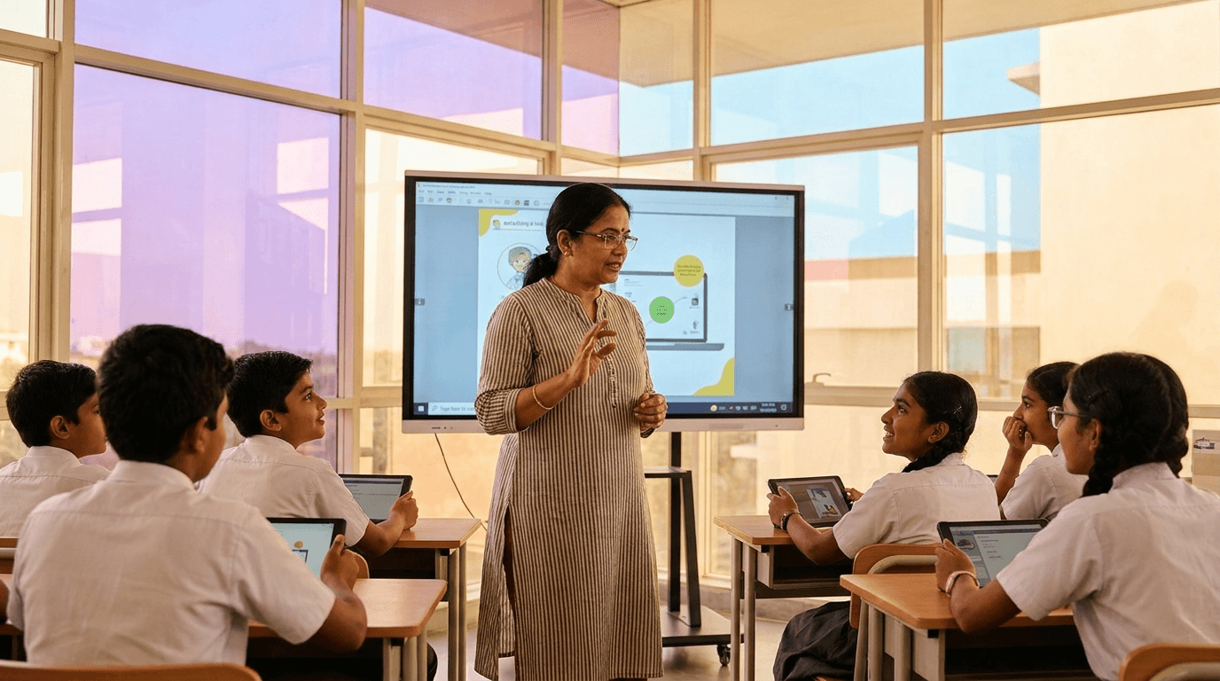 A teacher running an interactive lesson while students respond on tablets