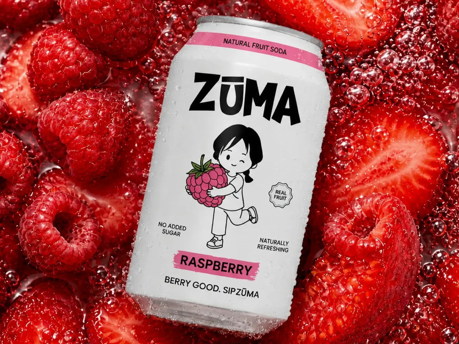 A ZŪMA raspberry can resting on a bed of fresh raspberries