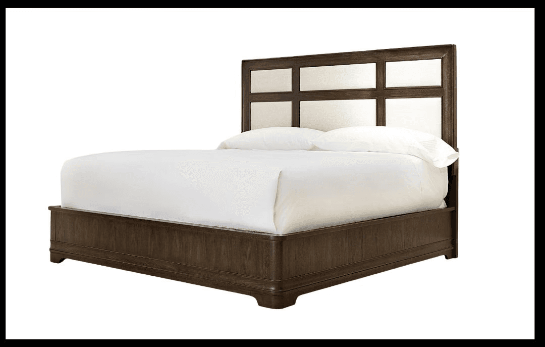 Wooden grid-panel bed with deep base and regal flair.