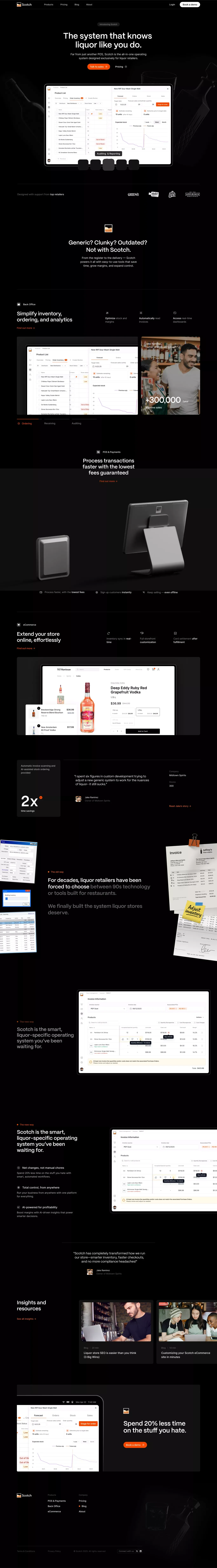 Scotch landing page screenshot showcasing Food & Drinks and Tech design