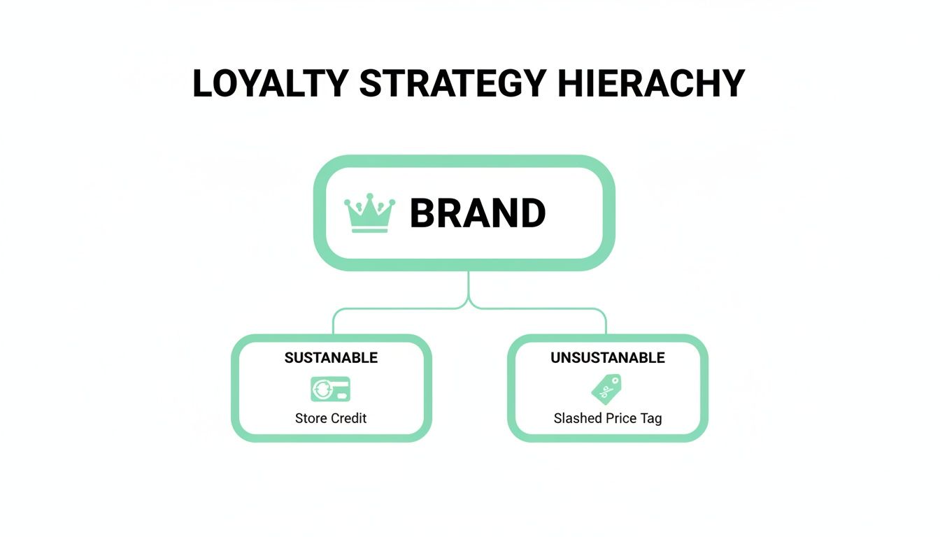 Diagram illustrating a loyalty strategy hierarchy, differentiating between sustainable and unsustainable approaches for a brand.