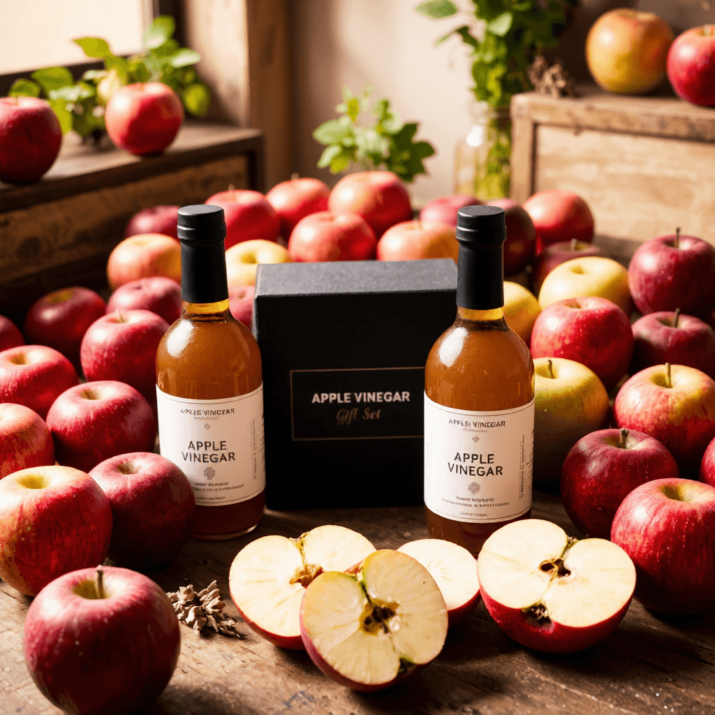 product photography of a gift set of three bottles of apple vinegar