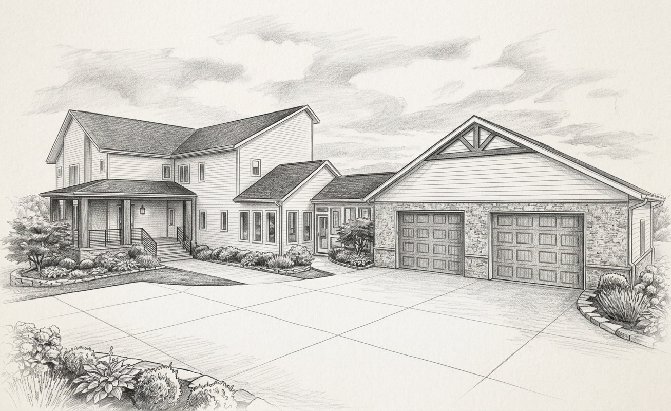 Working sketch of the Saddle Creek house, front