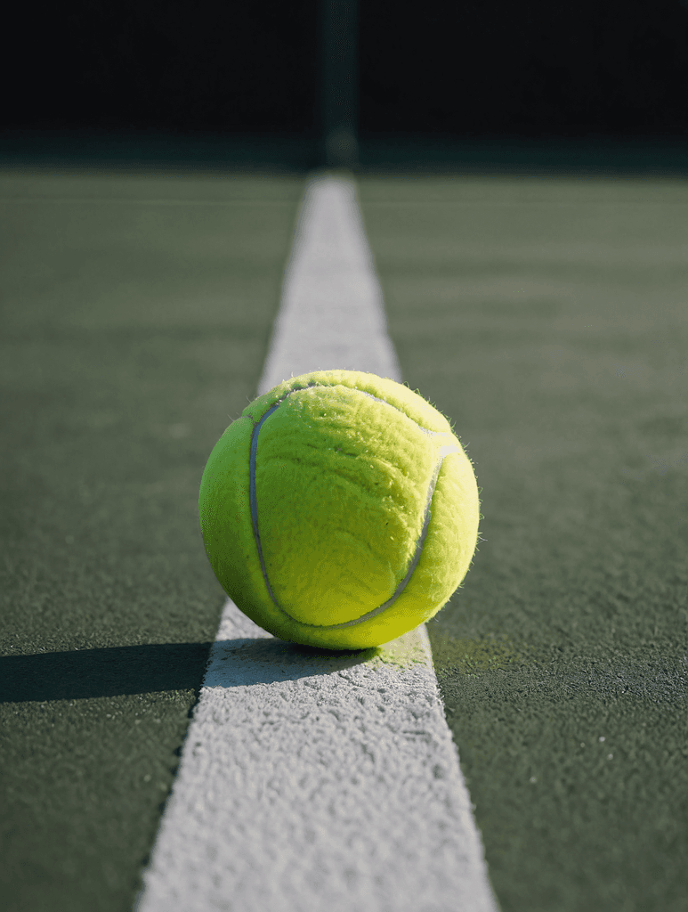 Close-up of a yellow tennis ball sitting on a green court, positioned near the white center line.