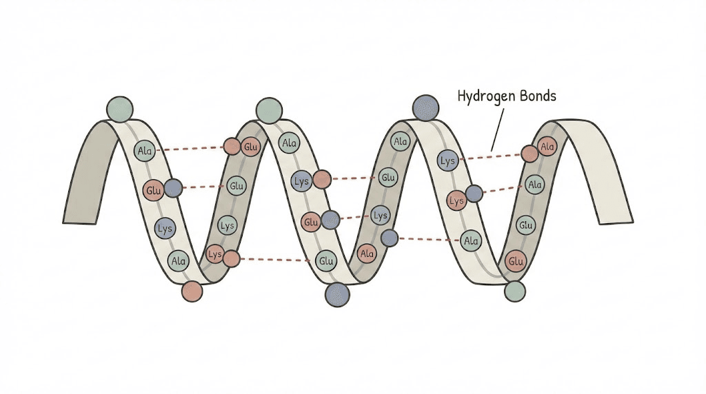 Alpha helix peptide structure showing hydrogen bond formation