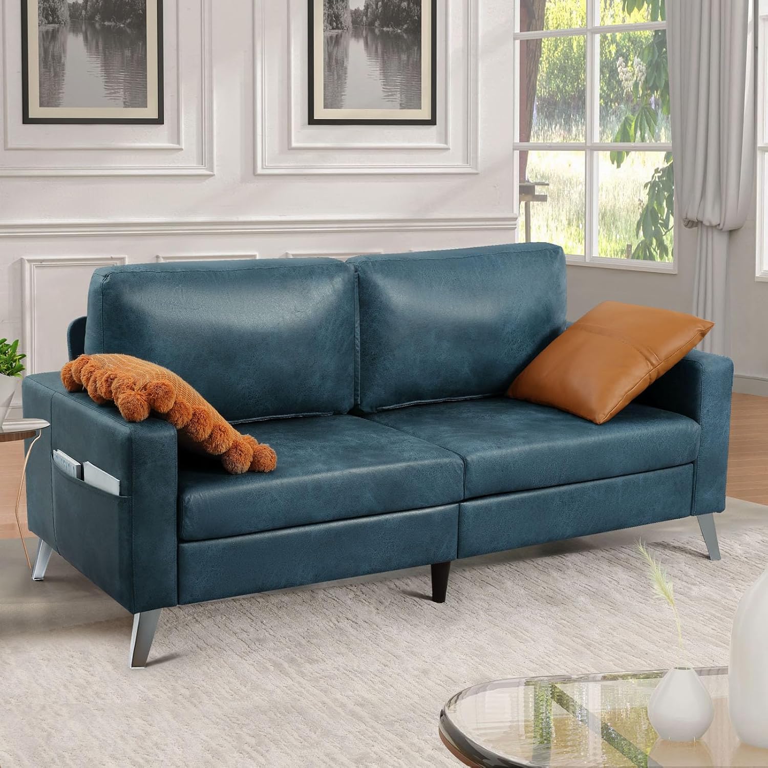 Stylish navy leather sofa with deep seating and contemporary lines, ideal for creating a sophisticated and inviting space.