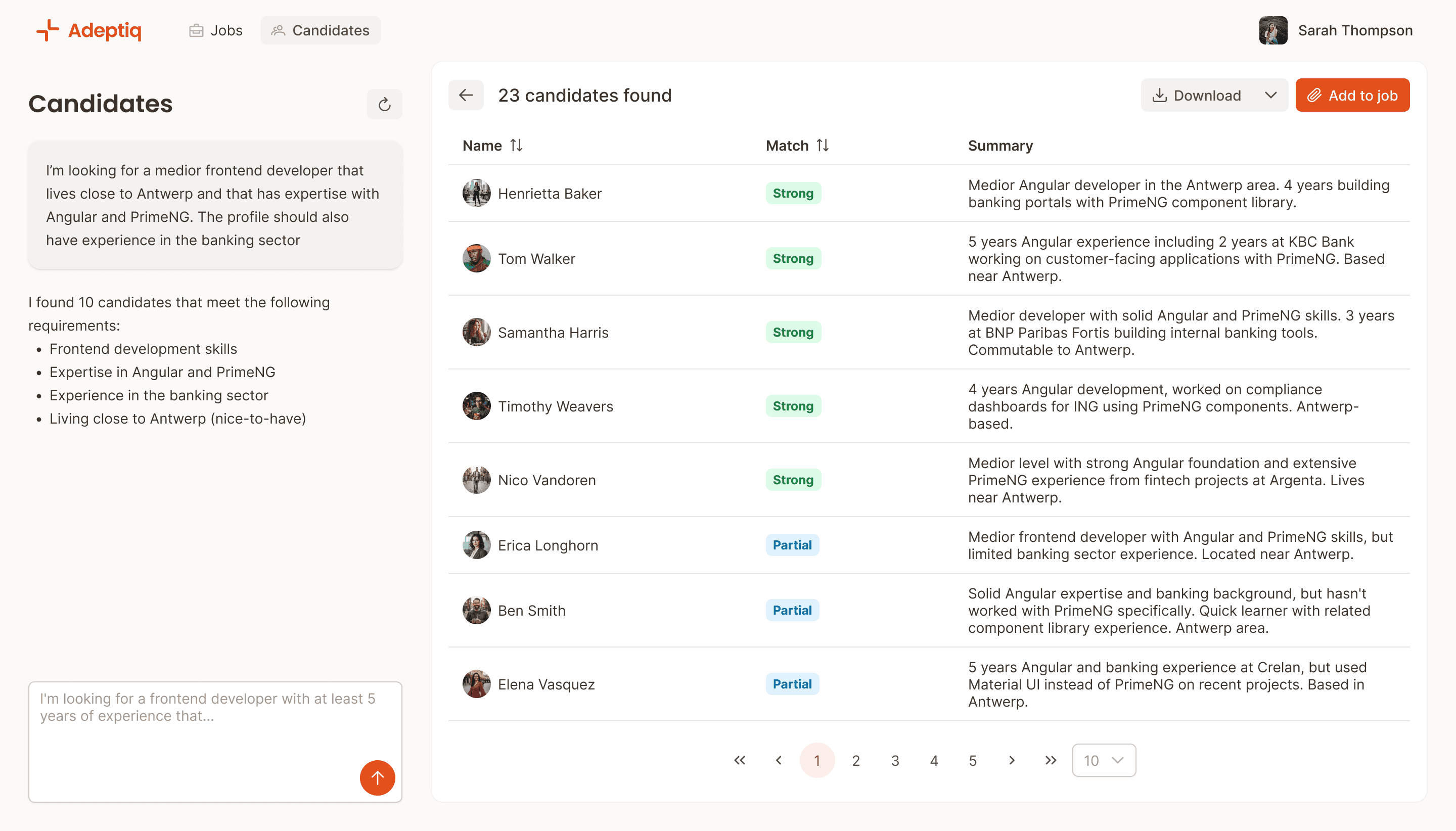 A screenshot of Adeptiq's "Search candidate" feature