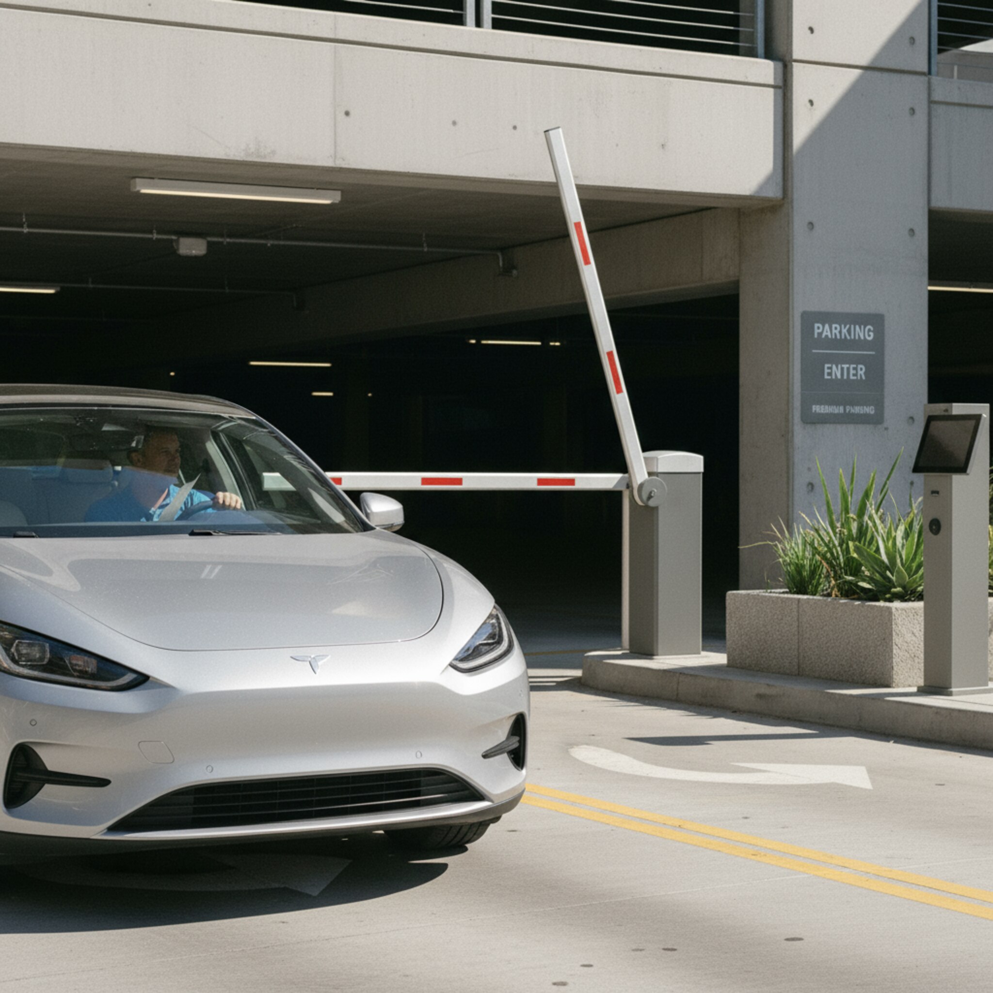 Ein Fahrzeug rollt gleichmäßig auf eine klare Schrankenanlage zu. Das Licht spiegelt weich auf der Motorhaube, die Umgebung wirkt aufgeräumt und freundlich. Die Schranke hebt sich rechtzeitig, der Fahrer bleibt entspannt. Dezente Markierungen führen sicher weiter ins Parkdeck.